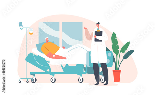 Old Man in Hospital Room Apply Dropper, Health Care Medical Concept. Senior Male Patient Character Resting in Bed