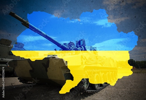 Military occupation of Ukraine by Russia concept. Flag of Ukraine painted on ukraine map. Relationship between Ukraine and Russia.