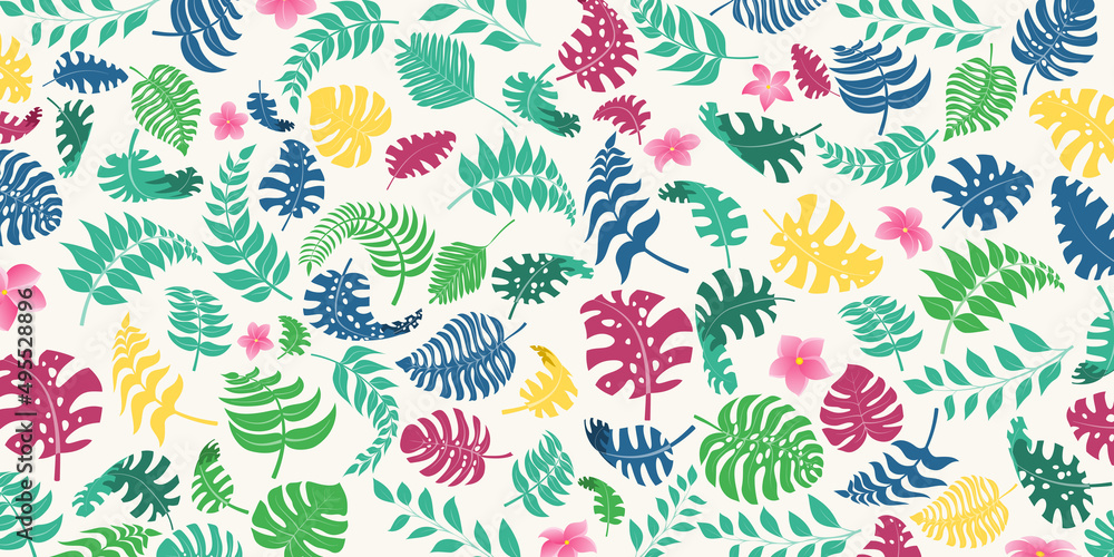 Background with exotic jungle plants. Tropical palm leaves and flowers. Rainforest illustration, multicolored on white Background with exotic jungle plants. Tropical palm leaves and flowers. Rainforest illustration, multicolored on white