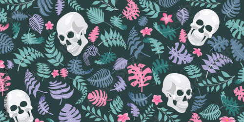 Background with exotic jungle plants and human skulls. Tropical palm leaves and flowers. Illustration for Mexican holiday Day of the Dead, Dia de los Muertos, in turquoise and pink colors