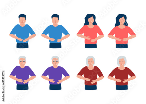 Man, woman and senior is doing breathing exercise, deep breath, exhale and inhale. Health yoga and relaxation. Young and elderly people right breathing. Vector illustration