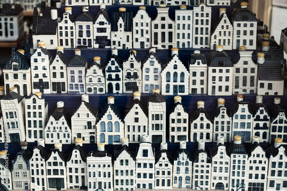 White and blue ceramic souvenir miniature canal houses of Amsterdam.