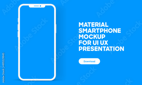 Minimalist flat smartphone with white blank screen. Smartphone mockup. Device front view. 3D white mobile phone with shadow. Stock vector. Material modern clay mockup for presentation ui ux.