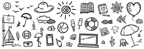 Hand drawn holiday elements on isolated background. Sketchy doodles on white. Summer holidays. Signs and symbols. Black and white illustration