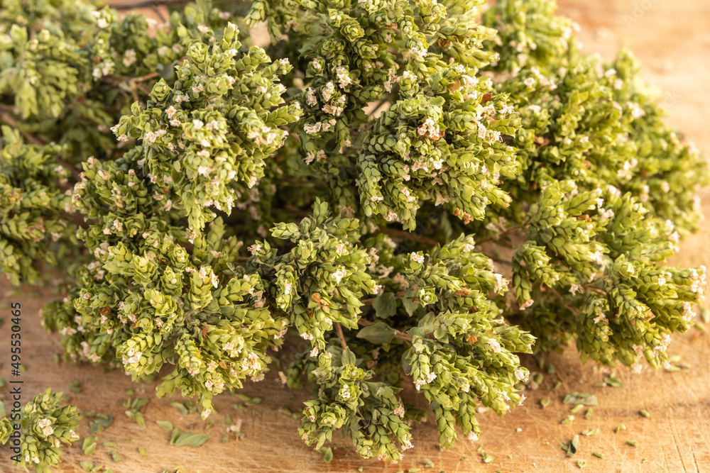 Dried oregano close up, a sprig of dry oregano, spice, aromatic herb