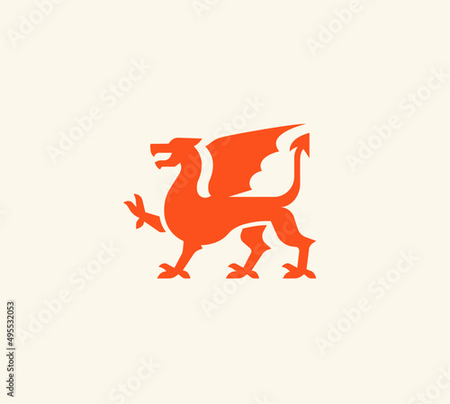 Medieval red dragon logo. Dragon with wings red silhouette. Vector illustration