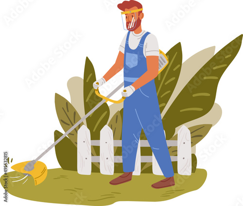 Gardener working on backyard and mowing lawn illustration