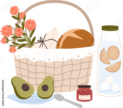 Picnic basket with wild flowers and snacks illustration