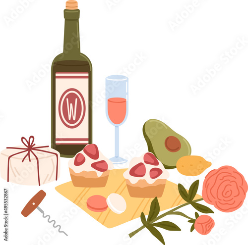 Still life with bottle of wine and picnic food illustration