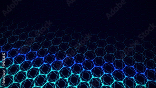 Dynamic particles wave. Blue hexagons on black background. Digital landscape. 3d rendering. Futuristic hexagon illustration. HUD element.