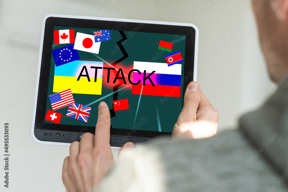 country flags and Ukrainian and Russian flag on the tablet country flags and Ukrainian and Russian flag on the tablet