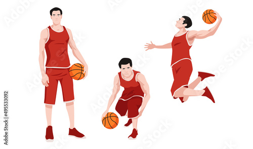 Vector illustration basketball. Basketball player with a ball in his hands in different poses stands, crouches and jumps in cartoon style.
