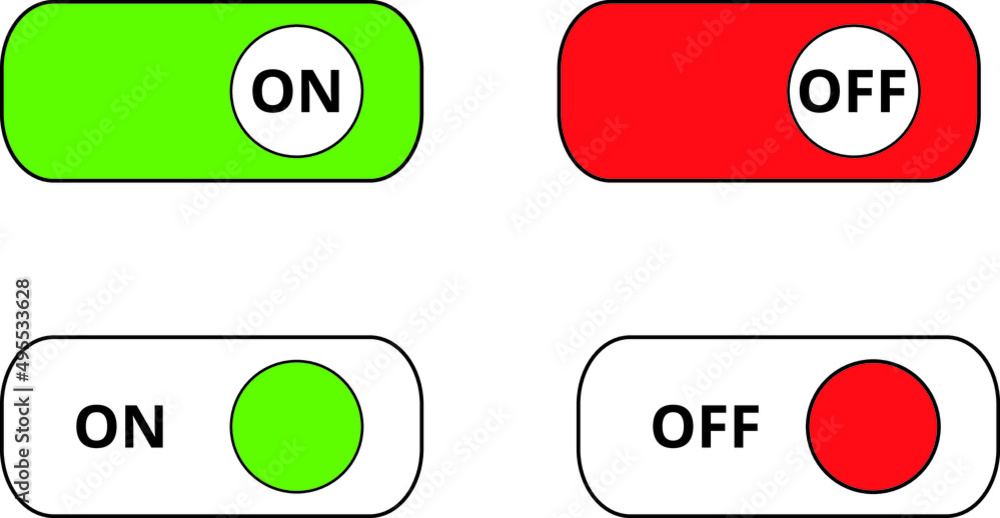 Iconos de Botones on y off sobre de color rojo y verde. Vector