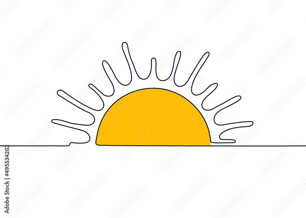 Sun one black continuous line, sunset and sunrise outline. One line drawing.  Vector illustration Stock Vector | Adobe Stock