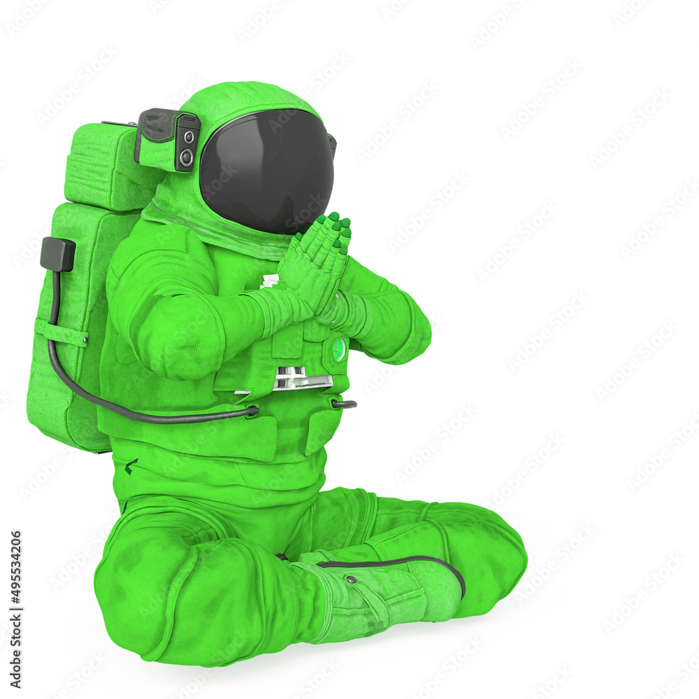 astronaut explorer is doing a prayer in meditation yoga pose on white background side view with copy space astronaut explorer is doing a prayer in meditation yoga pose on white background side view with copy space