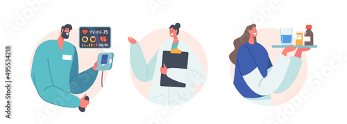 Doctor and Nurse Characters in Medical Robe. Hospital Healthcare Staff with Clipboard, Pills and Tonometer, Physicians