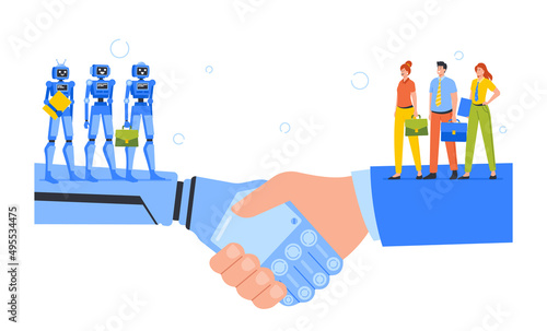 Business Interaction with Artificial Intelligence. Human Characters Team Shake Robot Hand. Partnership Man and Cyborg