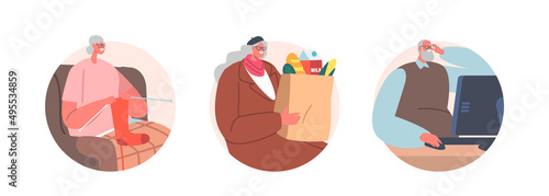 Set of Senior Male and Female Characters. Granny Knitting Socks, Aged Lady with Grocery in Paper Bag, Elderly Man