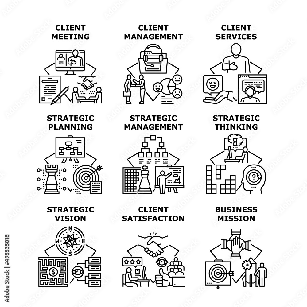 Client Services Set Icons Vector Illustrations. Meeting Management And Satisfaction Client Services, Strategic Thinking, Vision And Planning Business Mission Occupation Black Illustration