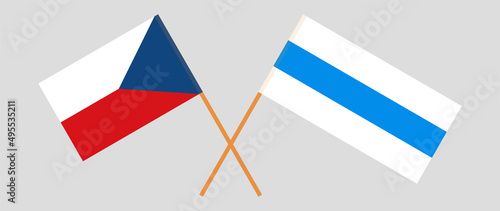 Crossed flag of Czech Republic and anti-war white-blue-white flag of Russian opposition