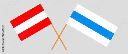 Crossed flag of Austria and anti-war white-blue-white flag of Russian opposition