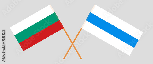 Crossed flag of Bulgaria and anti-war white-blue-white flag of Russian opposition