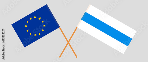 Crossed flag of the European Union and anti-war white-blue-white flag of Russian opposition