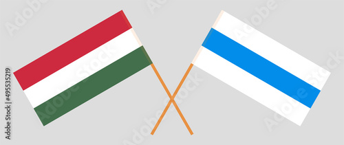 Crossed flag of Hungary and anti-war white-blue-white flag of Russian opposition