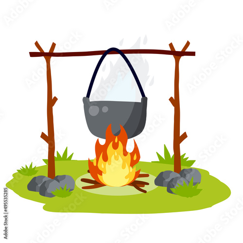 Cooking on fire in pot. cauldron and campfire