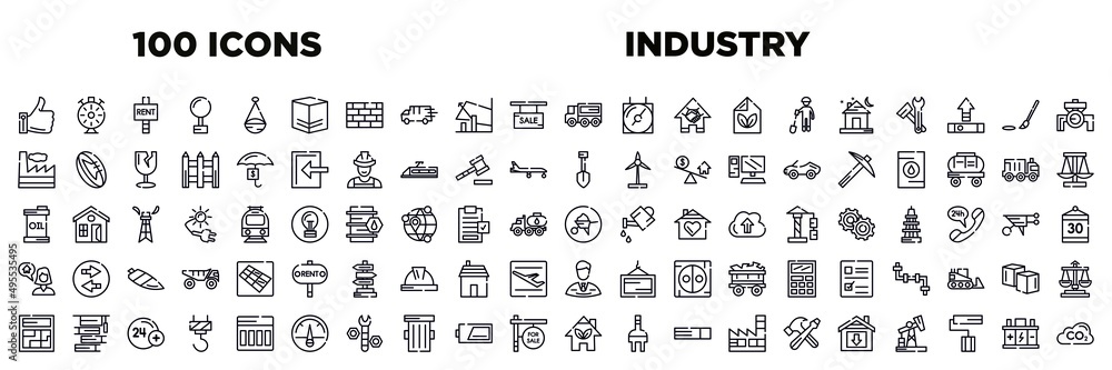 industry 100 editable thin line icons set. industry outline icons ...