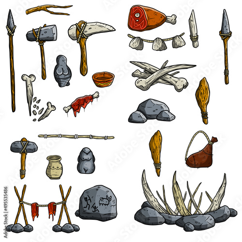 Set of items of primitive man and hunter