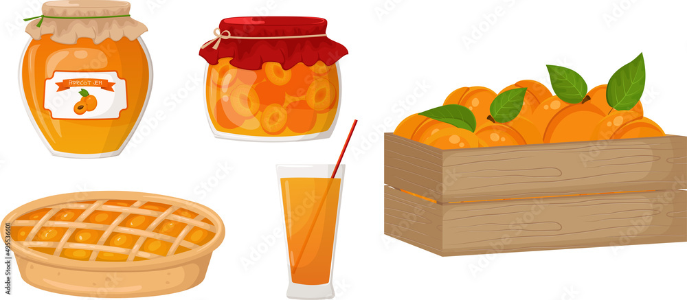 Vector set with apricots, apricot jam, juice and pie