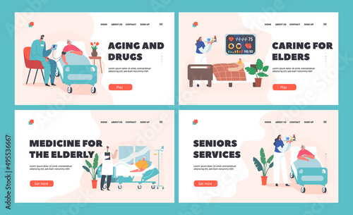 Elderly People Hospitalization Landing Page Template Set. Senior Diseased Male Female Characters Lying in Bed at Clinic