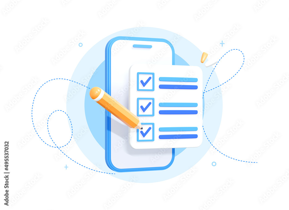 3D Mobile phone with Checklist. Smartphone screen with checkmarks. To do list with completed tasks. Note with survey or done test. Realistic elements isolated on white background. 3D Rendering - obrazy, fototapety, plakaty 