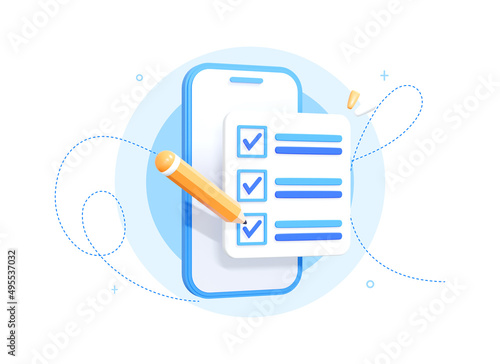 3D Mobile phone with Checklist. Smartphone screen with checkmarks. To do list with completed tasks. Note with survey or done test. Realistic elements isolated on white background. 3D Rendering