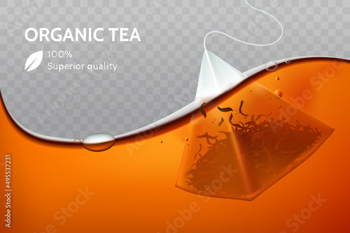 Brewing a tea bag in hot water close up. Tea sachet with a thread is dipped into boiling water. Design element for packaging or advertising banner. Isolated on transparent background. Vector eps 10.