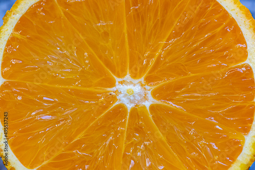 Looking down at a close up of a cut orange