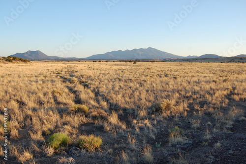 The vast desert landscape of the Colorado Plateau, with the San Francisco Peaks, Mount Humphreys in the background, Wupatki National Monument, Coconino County, Flagstaff, Arizona.