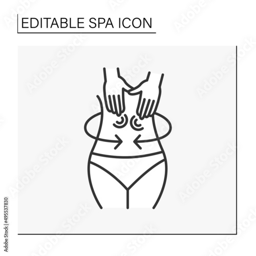 Beauty procedure line icon. Abdominal massage. Gentle massaging movement to relax muscles and improve health. Cosmetology. Spa concept. Isolated vector illustration. Editable stroke