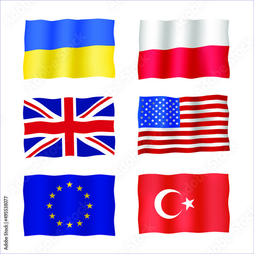 Set with waving flags. Ukraine, United Kingdom, Poland, American, turkish and European union flags. Color vector illustration EPS 10