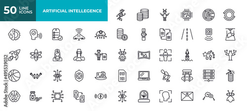 artificial intellegence thin line icons set. artificial intellegence outline icons collection. genetic modification, database, exoskeleton, chip, detection, processing, deformity editable vector.