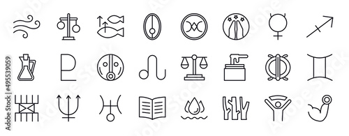 zodiac editable line icons set. zodiac thin line icons collection. air, inequality, abundance, nitre, still, hope, mercury vector illustration.