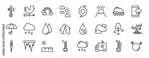 weather editable line icons set. weather thin line icons collection. temperature, weathercock, rainbow, climate, hurricane, volcano, foggy vector illustration.
