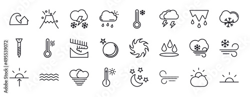 weather editable line icons set. weather thin line icons collection. tsunami, eruption, thundersnow, rainy day, cold, thunderstorm, thaw vector illustration.