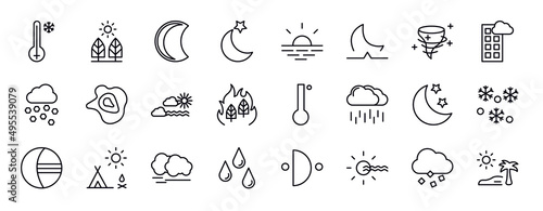 weather editable line icons set. weather thin line icons collection. freezing, daytime, waning moon, twilight, sunshine, moonrise, tropical cyclone vector illustration.