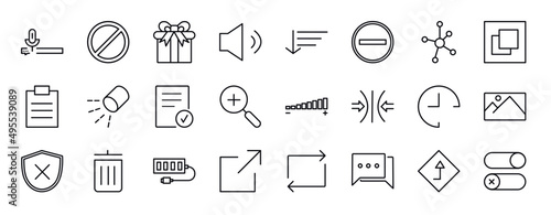 user interface editable line icons set. user interface thin line icons collection. voice message, forbbiden, giftbox, medium volume, sort down, subtraction, connectivity vector illustration.