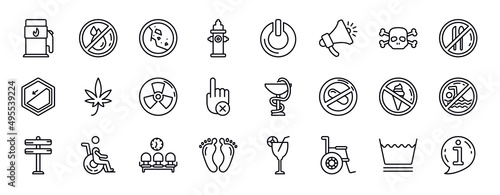 signs editable line icons set. signs thin line icons collection. gas station, no water, falling rocks, hydrant, power button, shout, death vector illustration.