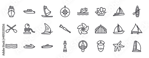 nautical editable line icons set. nautical thin line icons collection. ballast, motorboat, windsurf board, azimuth compass, capsizing, caravel, gunboat vector illustration.