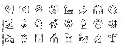 nature editable line icons set. nature thin line icons collection. determination, japanese, bigtooth aspen tree, fengshui, park bench, conservation, therapy vector illustration.