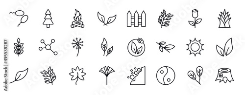 nature editable line icons set. nature thin line icons collection. fertilize clinic, spruce, camping bonfire, falcate, fences, bilberry leaf, roses vector illustration.